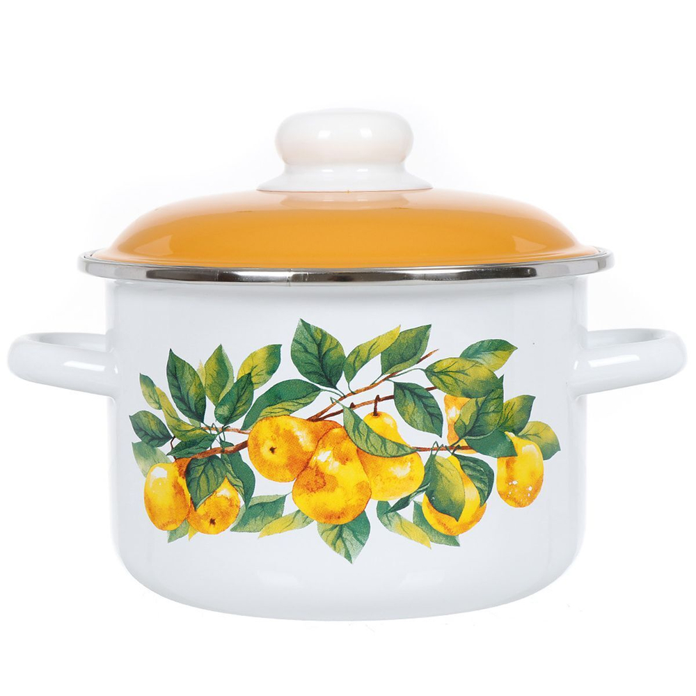 Кастрюля сталь, эмал, 2 л, с крыш, крышка сталь, СтальЭмаль, Грушевый сад, 6RD161M, белоснежная