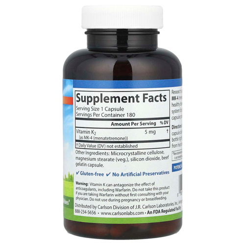 Carlson, Витамин К2, МК-4 (менатетренон), 5 мг, 180 капсул