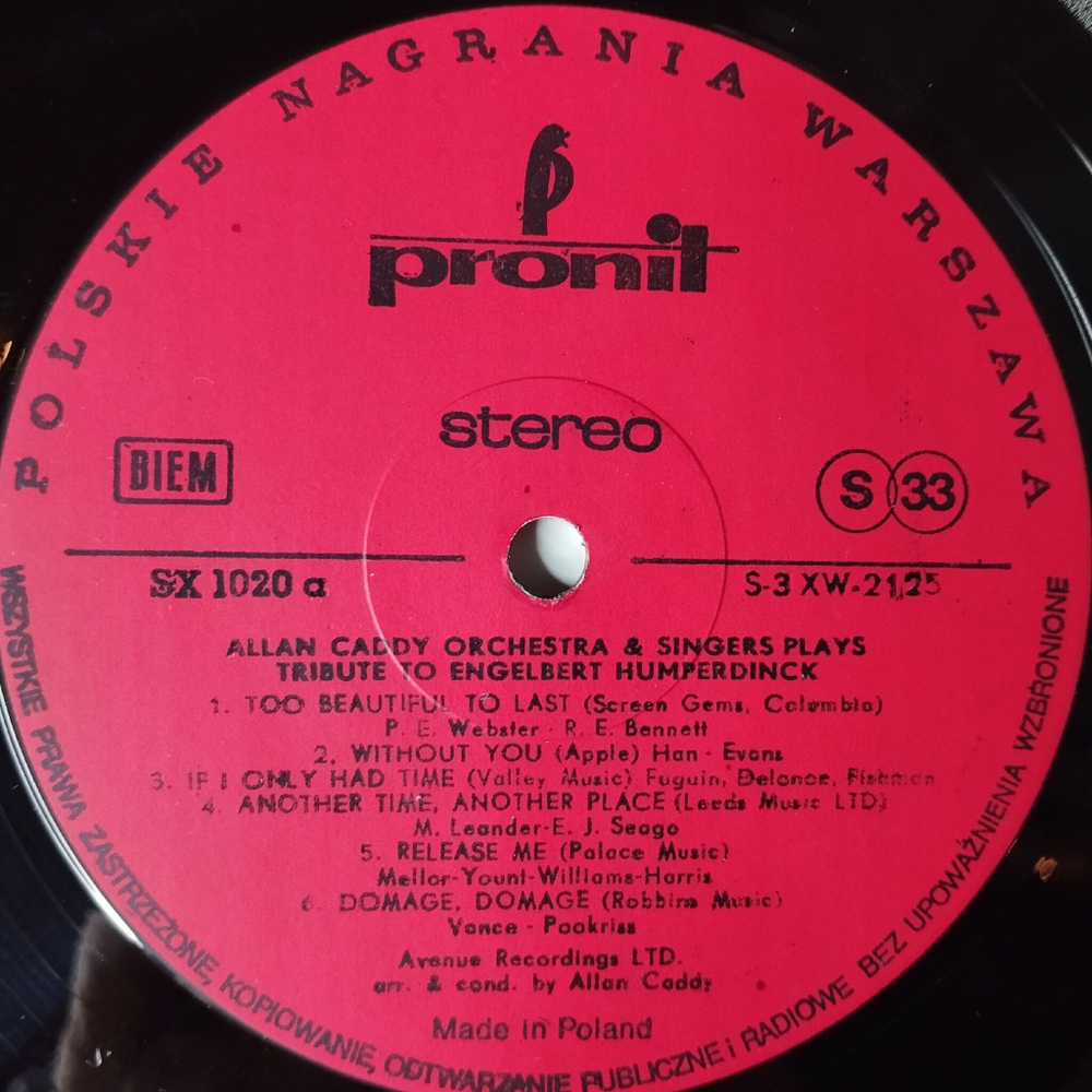 Винтажная виниловая пластинка LP Allan Caddy Orchestra and Singers Tribute To Engelbert Humperdinck (Польша 1974)