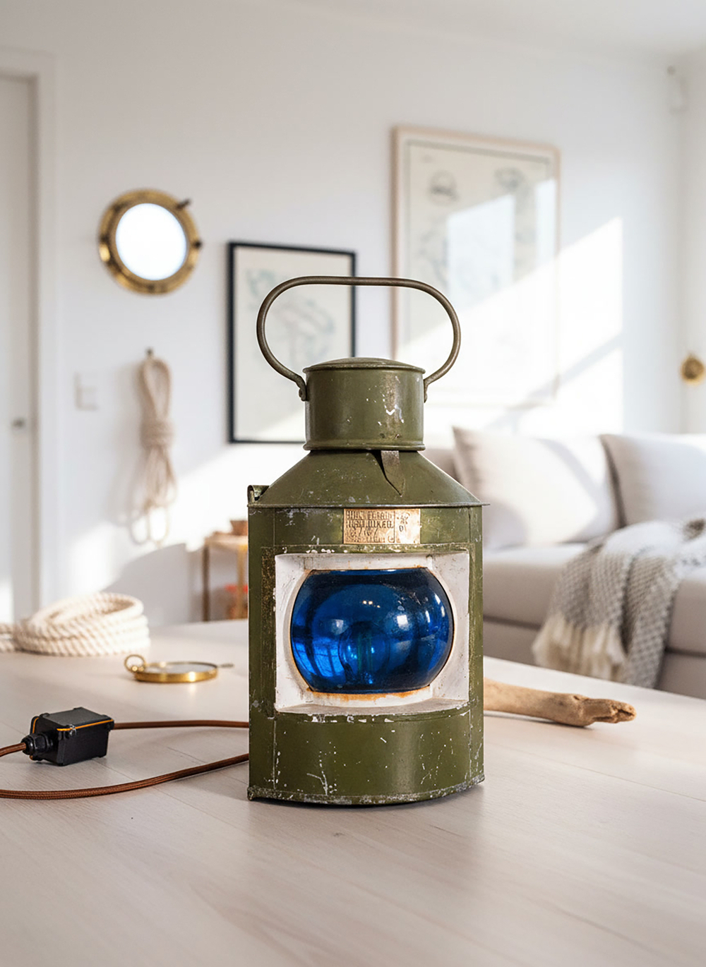 Интерьерный морской фонарь WOODandROOT 1957 года в зелёном корпусе с сине-зелёным стеклом, размещённый на столе в светлой гостиной.