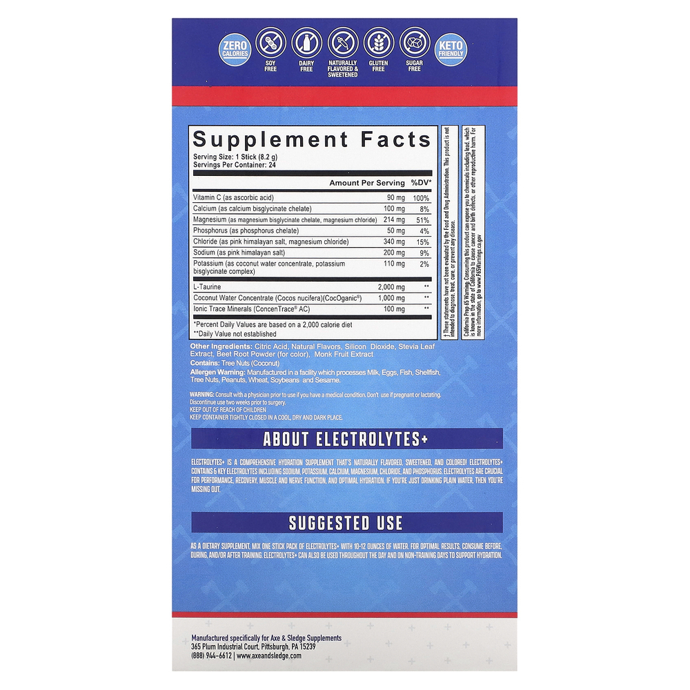 Axe & Sledge Supplements, Electrolytes+, клубника и киви, 24 пакетика по 8,2 г (0,29 унции)