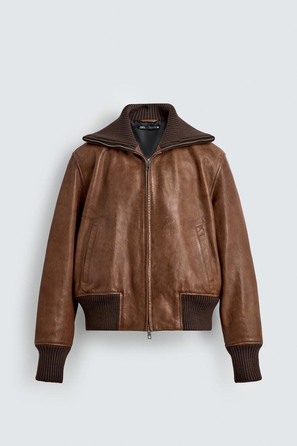 ZARA КОЖАНАЯ КУРТКА КЛАССИЧЕСКОГО КРОЯ, СВЕТЛО-КОРИЧНЕВЫЙ