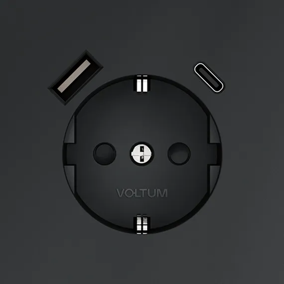 Розетка встраиваемая VOLTUM S70 с заземлением и защитными шторками, 16А, с USB, A+С, (графит) vls040507