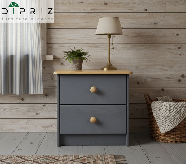 Тумба прикроватная Хаба 2 ящика из массива сосны, серый/антик