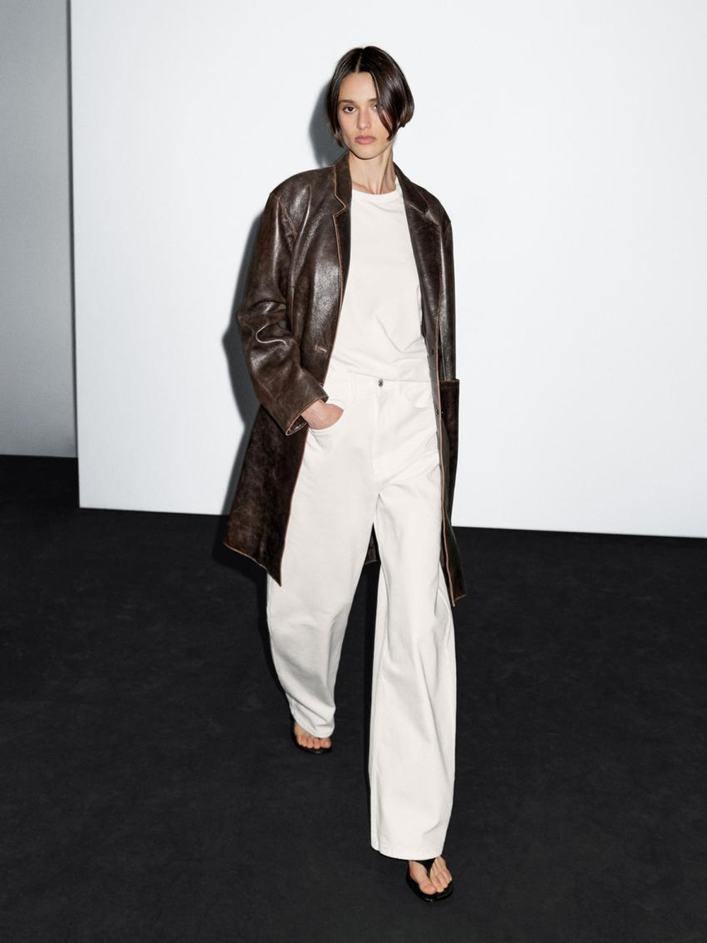 Massimo Dutti Пальто из кожи наппа с эффектом потертости, коричневый