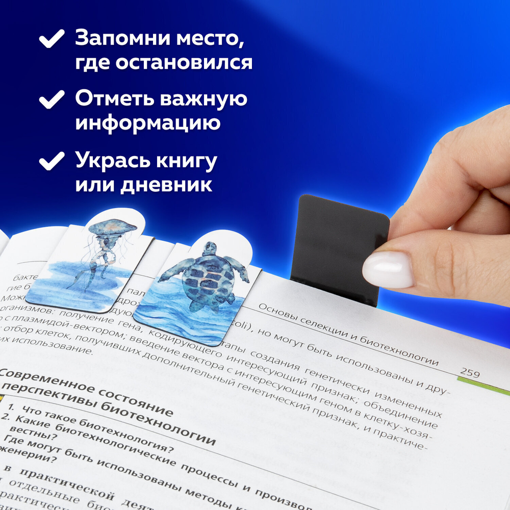 Закладки для книг МАГНИТНЫЕ c высечкой "MARINE LIFE" набор 6 шт. 35х25 мм BRAUBERG (8 штук в упаковке)