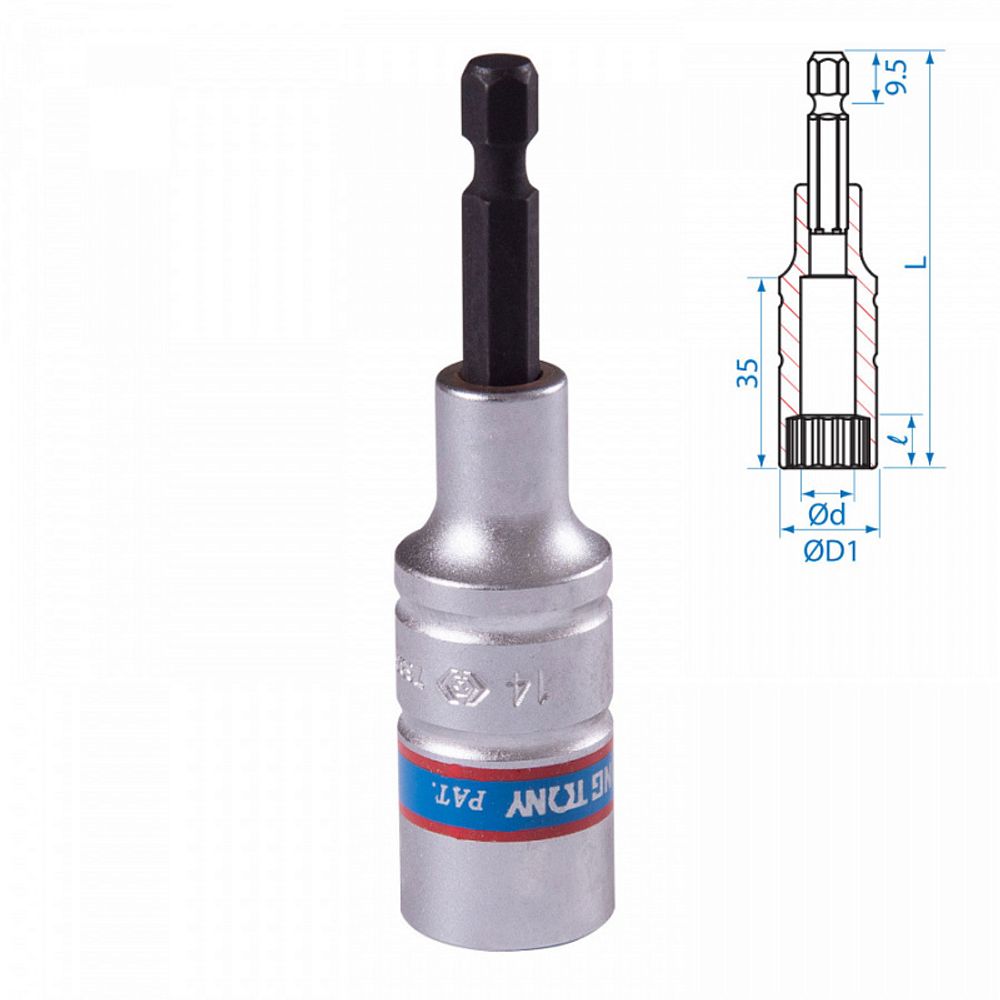 KING TONY (76B814M) Головка для шуруповерта двенадцатигранная 1/4", 14 мм, L = 80 мм