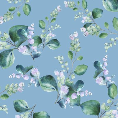 Цветущий снежноягодник, акварельный на голубом