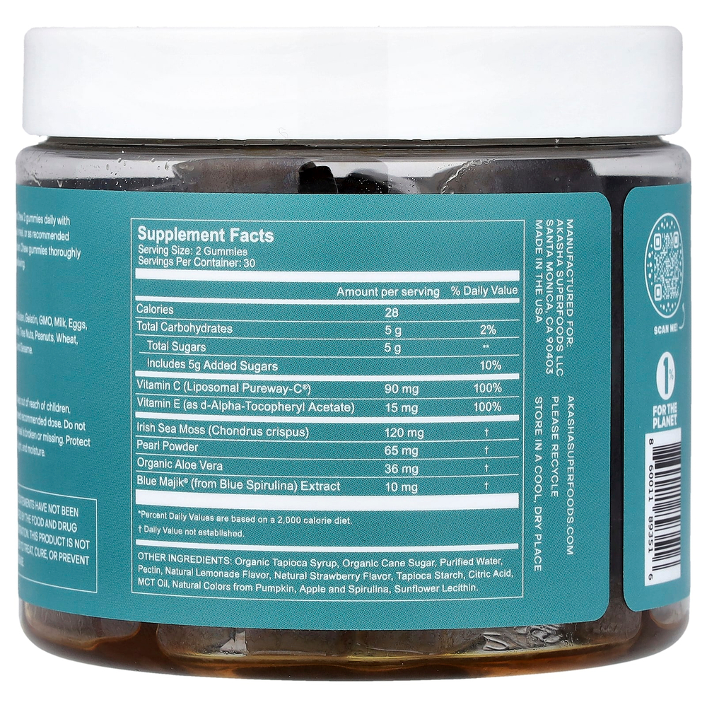 Akasha Superfoods, Glow, порошок из морского мха и жемчуга, со вкусом клубничного лимонада, 60 жевательных таблеток