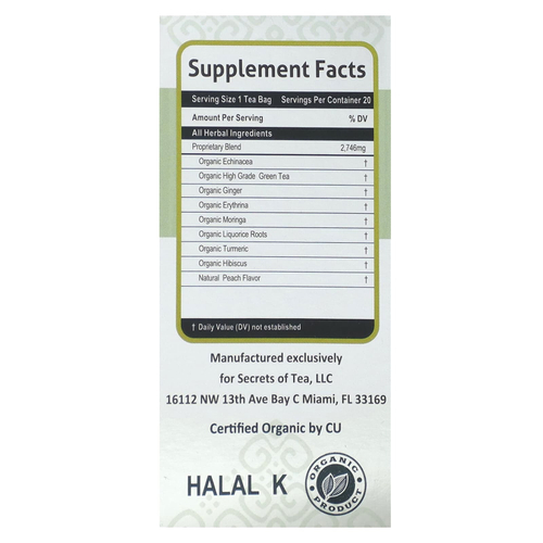 Secrets of Tea, органический чай для укрепления иммунитета, персик и имбирь, 20 пакетиков, 40 г (1,41 унции)