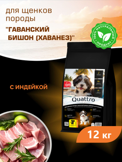 Корм сухой для щенков породы Гаванский бишон (Хаванез), с индейкой, 12 кг, QUATTRO