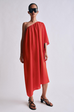 ZARA ТРИКОТАЖНОЕ ПЛАТЬЕ АСИММЕТРИЧНОГО КРОЯ, КРАСНЫЙ
