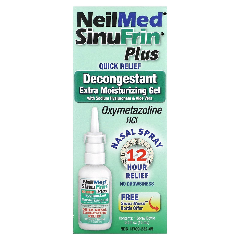 NeilMed, SinuFrin Plus, противоотечный спрей для носа, экстраувлажняющий гель, 15 мл (0,5 жидк. унц.)