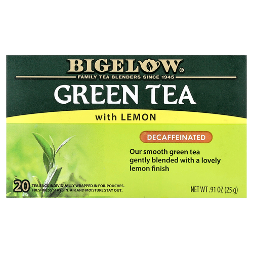 Bigelow, зеленый чай с лимоном, без кофеина, 20 чайных пакетиков, 25 г (0,91 унции)