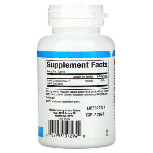 Natural Factors, витамин K2, 100 мкг, 60 вегетарианских капсул