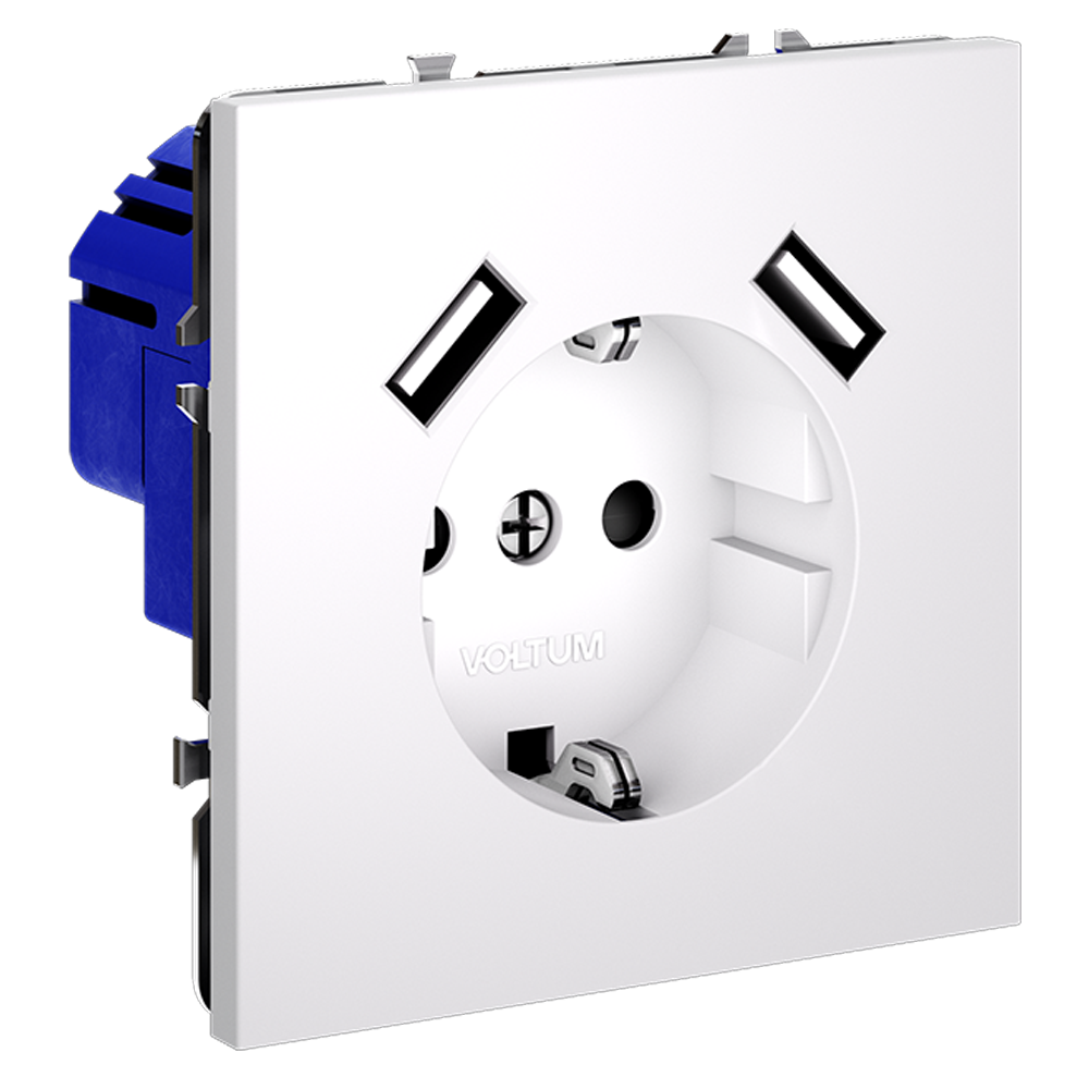 Розетка встраиваемая VOLTUM S70 с заземлением и защитными шторками, 16А, с USB, A+A, (белый матовый)
