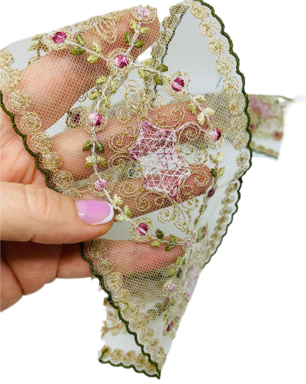 Кружево тонкое на сетке цветное ш-8см Франция. (хлопок/шелк). 1 м
