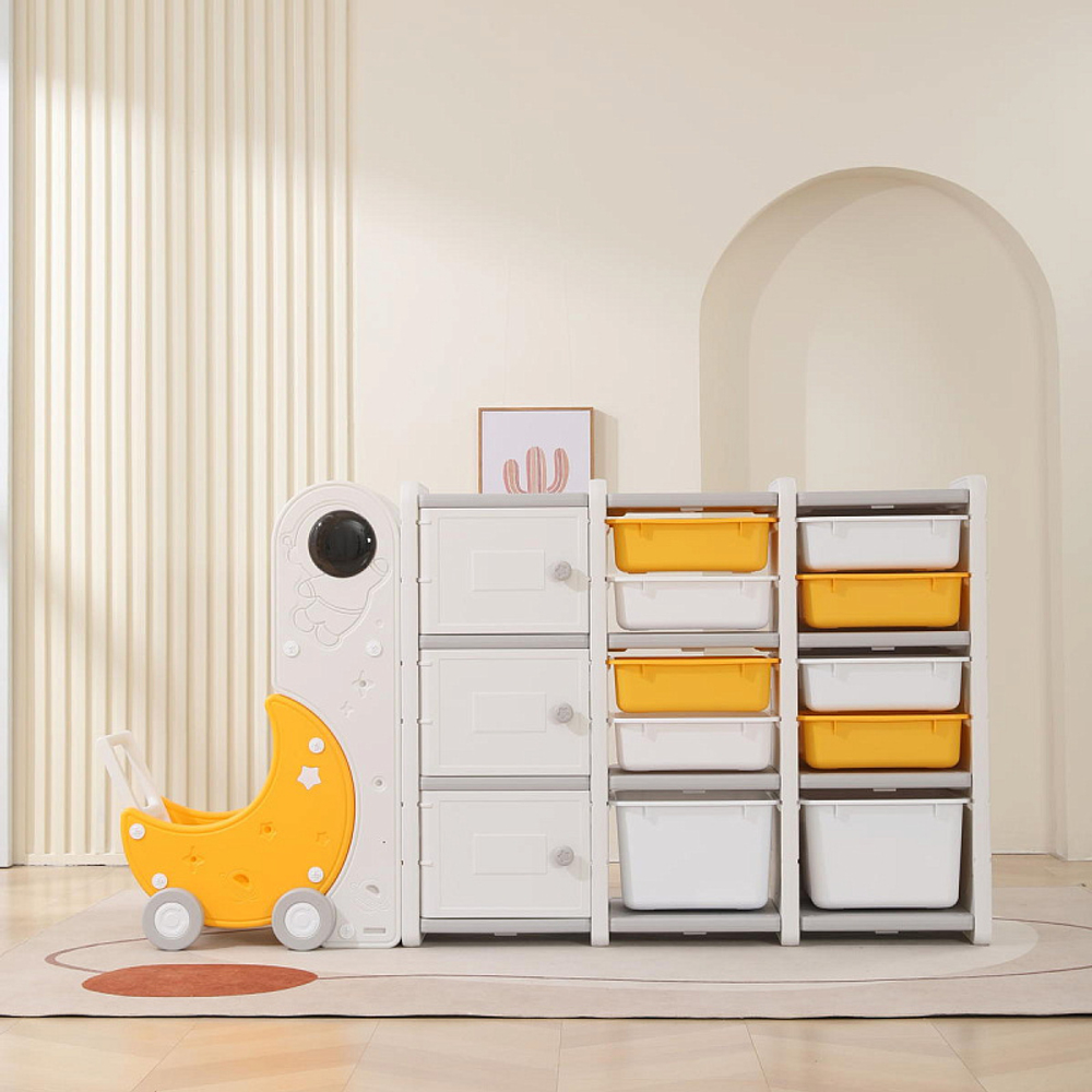 Стеллаж для игрушек UNIX Kids Moon 13 (3 полки + 10 ящиков) желтый/белый