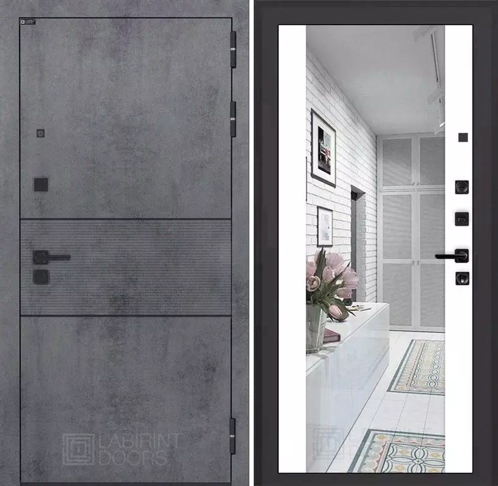 Входная металлическая дверь Лабиринт INFINITY (ИНФИНИТИ) Бетон темный /Зеркало Макси белый софт