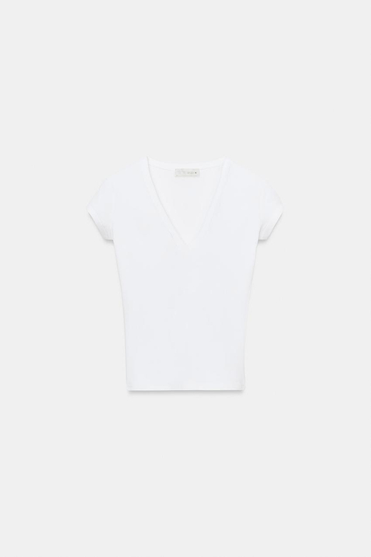 ZARA ФУТБОЛКА С V-ОБРАЗНЫМ ВЫРЕЗОМ, БЕЛЫЙ