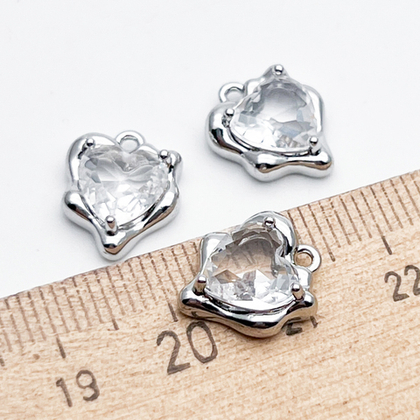 Подвеска Сердце, цвет серебро (родий) + прозрачный, размер 13*10 мм, цена за 1 шт