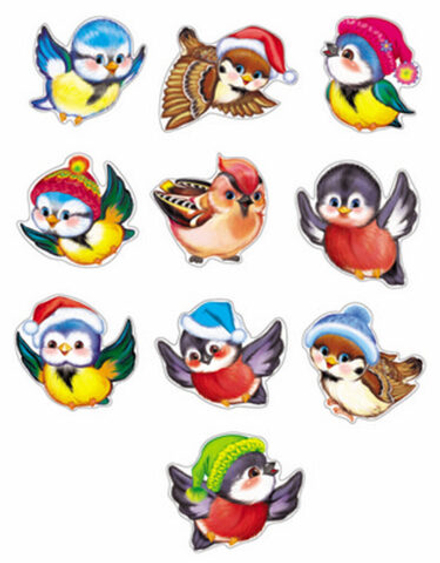 Комплект украшений на скотче 13*14см "Птички новогодние" 10шт/уп