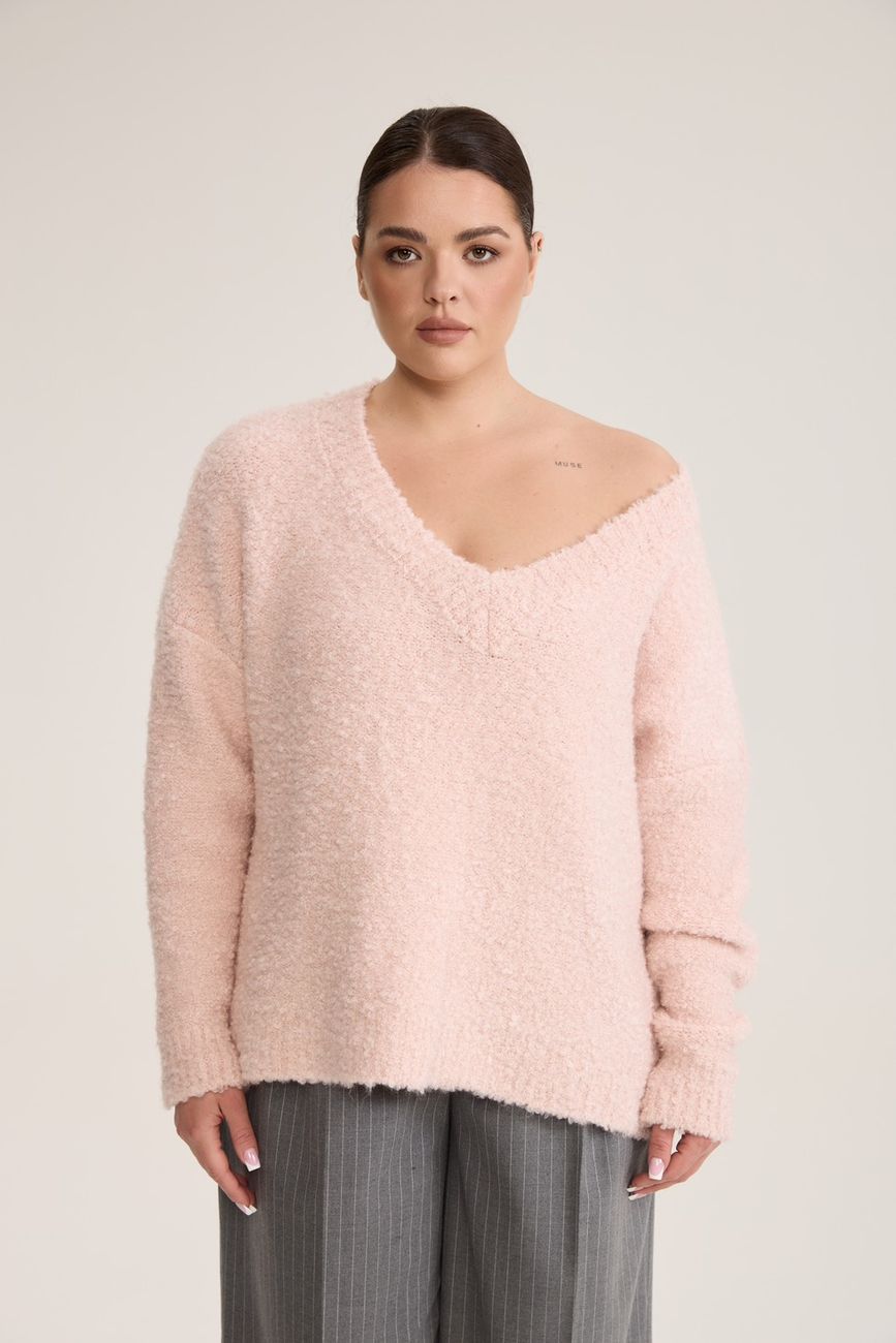 Джемпер букле с V-вырезом, светло-розовый