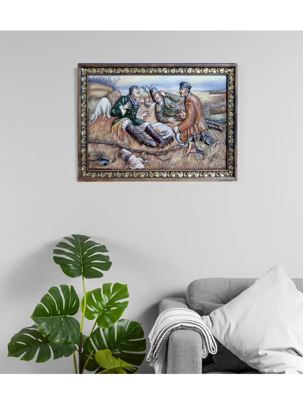 Картина деревянная "Охотники на привале" 41х30х4,5 см