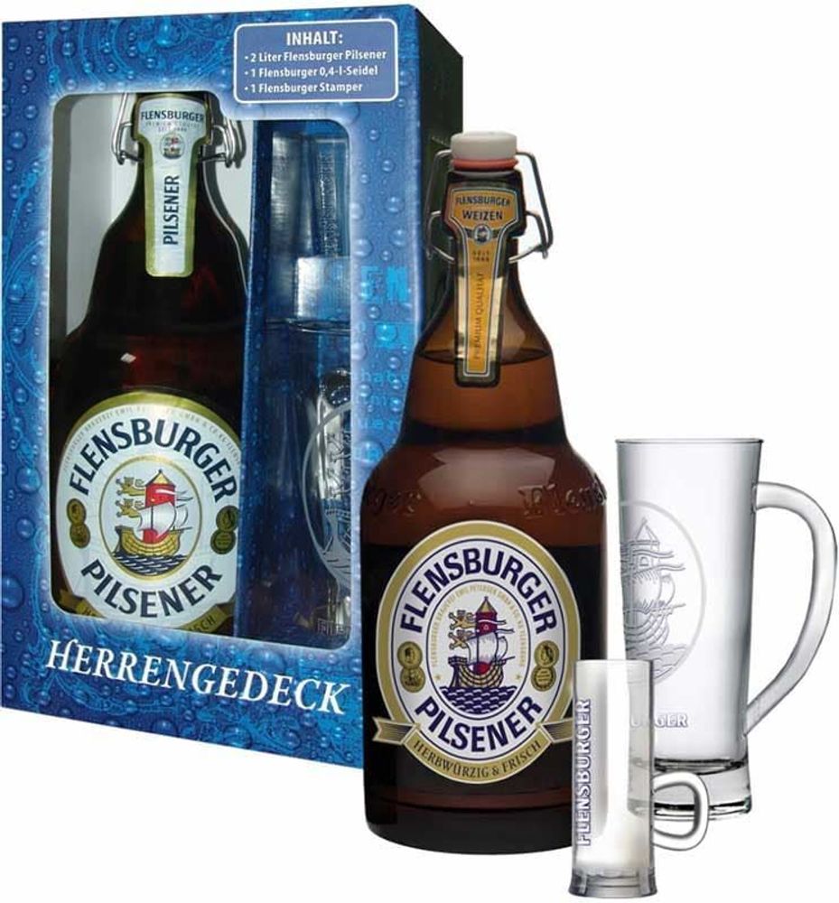 Flensburger Джентльменский набор (бутыль 2л) + кружка и стопка