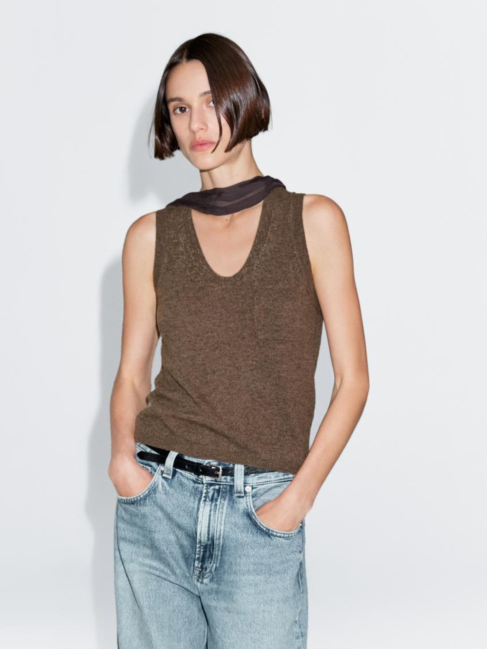 Massimo Dutti Топ из смесовой шерсти с карманом, коричневый