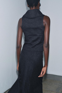 ZARA ТОП В РУБЧИК ИЗ МЯГКОЙ ТКАНИ, ТЕМНО-СЕРЫЙ