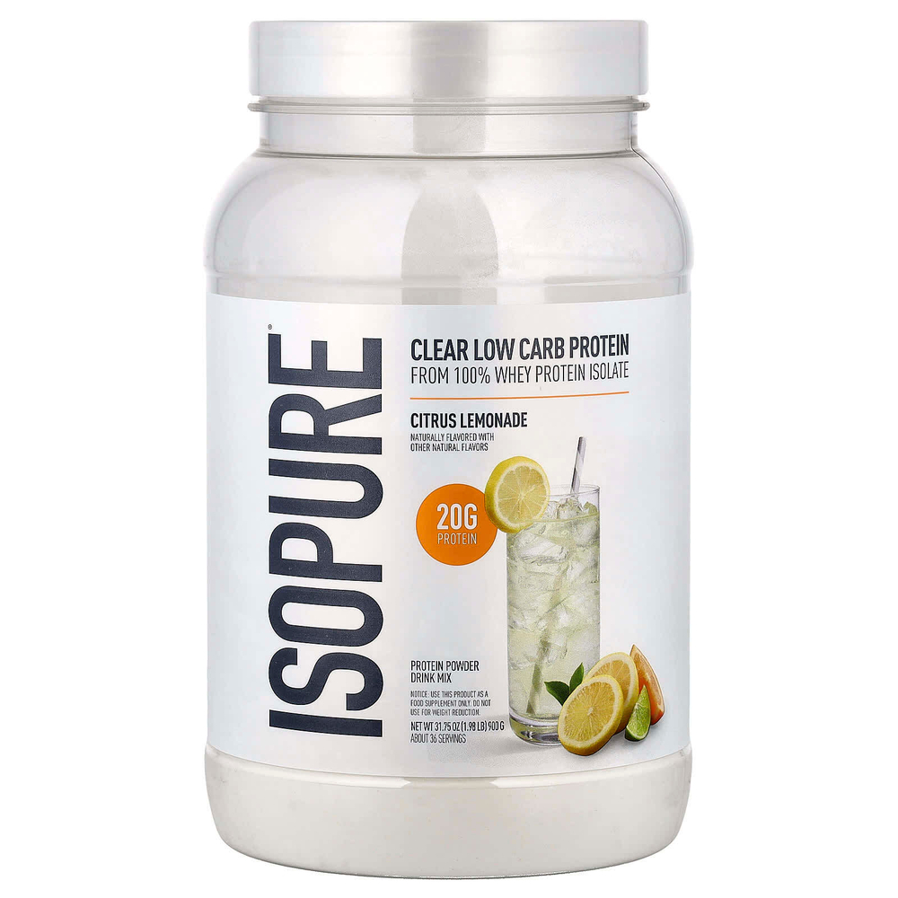 Isopure, прозрачный протеиновый порошок с низким содержанием углеводов, со вкусом цитрусового лимонада, 900 г (1,98 фунта)