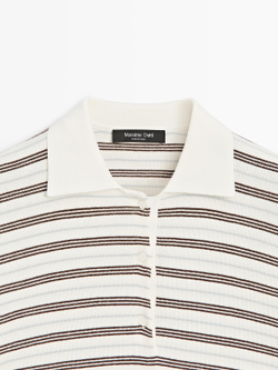 Massimo Dutti Полосатая рубашка-поло с коротким рукавом, кремовый