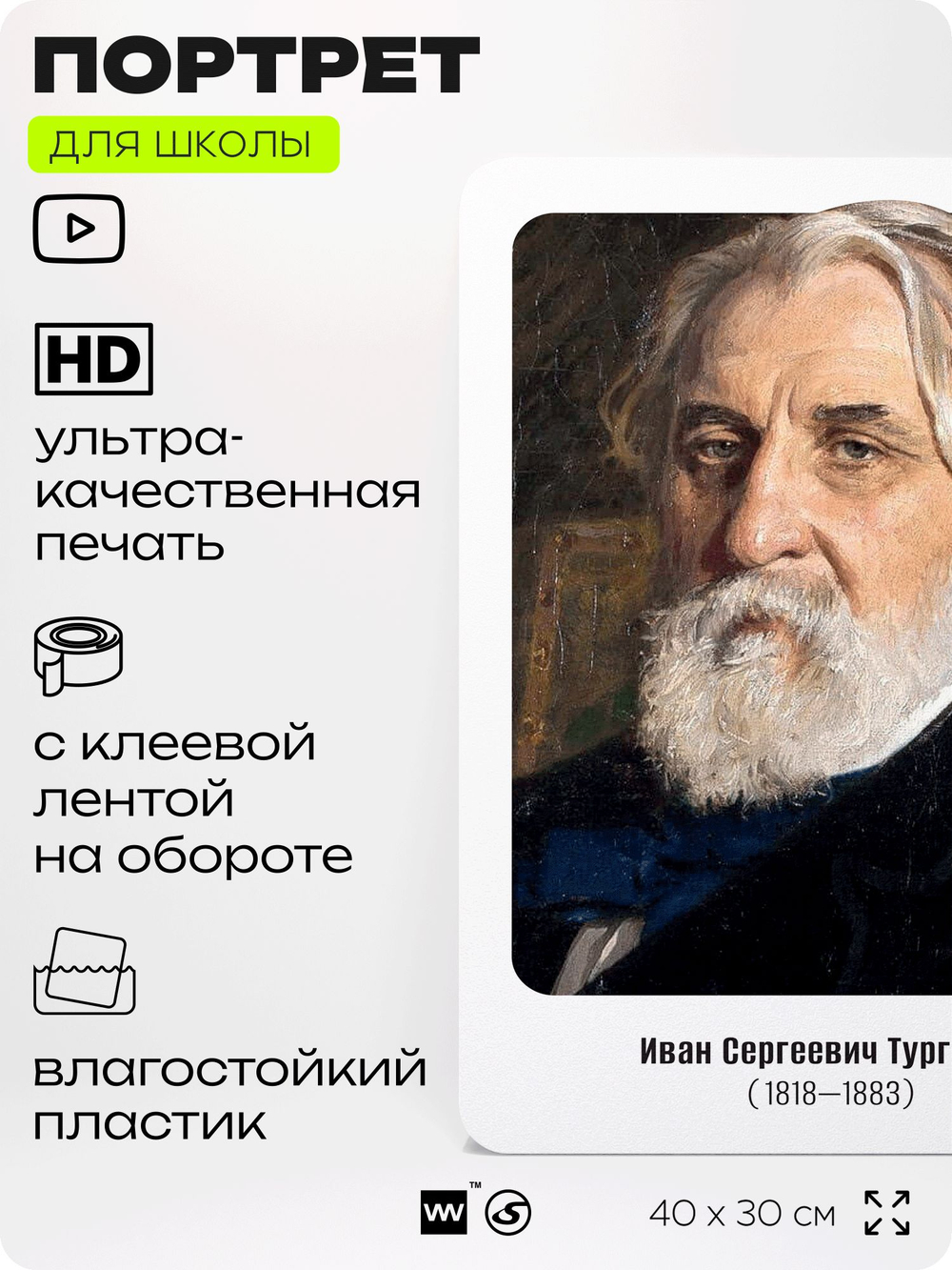 Портрет для школы в кабинет литературы и русского языка "Тургенев Иван Сергеевич", стенд школьный для класса, для оформления классного уголка, 40х30 см, Silver Plane x Айдентика Технолоджи