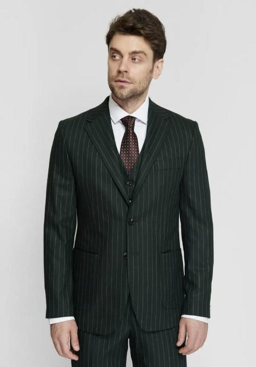 Мужской классический костюм тройка (зеленый) в полоску Б14