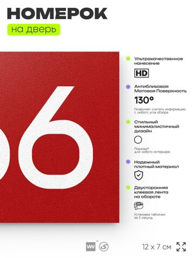 Номер на дверь 966, табличка на дверь для офиса, квартиры, кабинета, аудитории, склада, красная 120х70 мм, Айдентика Технолоджи