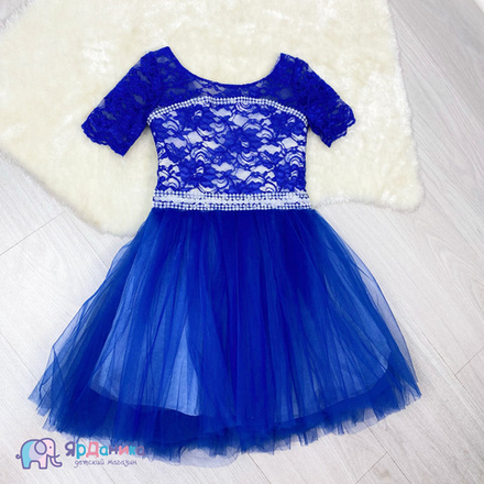 Платье праздничное синие, жемчуг ворот и талия