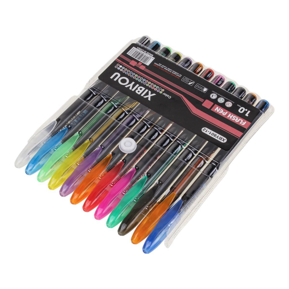 Набор цветных гелевых ручек, 12 цветов, 1 мм, в пенале ПВХ