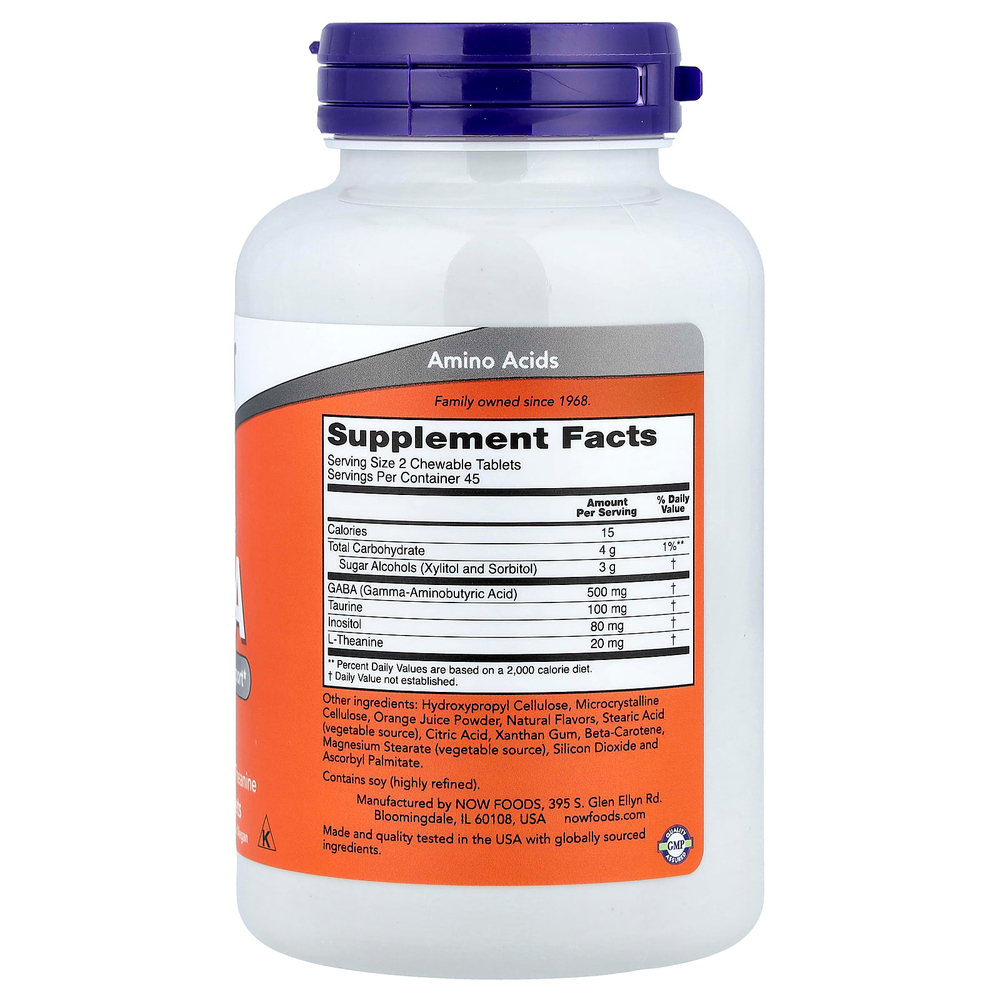 NOW Foods, ГАМК, со вкусом апельсина, 90 жевательных таблеток