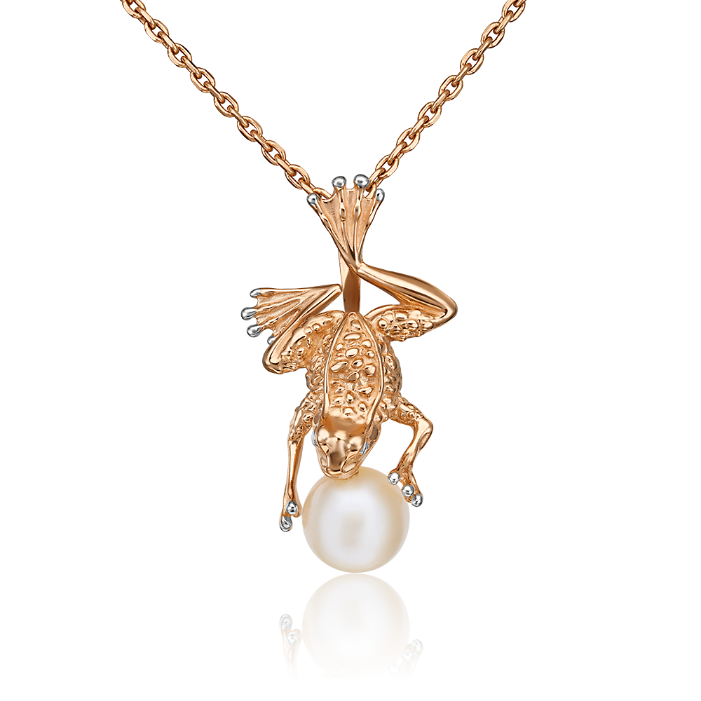 Подвеска «Лягушка» из красного золота с жемчугом культивированным