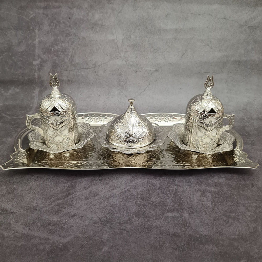 Кофейный набор "Lale" на 2 персоны с лукумницей и подносом/ACAR. Турция (серебристый)