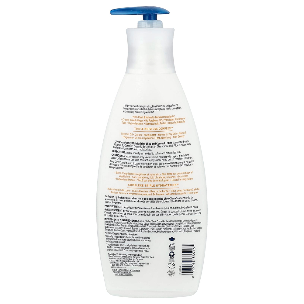 Live Clean, увлажняющий лосьон для тела для ежедневного применения, ши и кокос, 532 мл (18 жидк. унций)