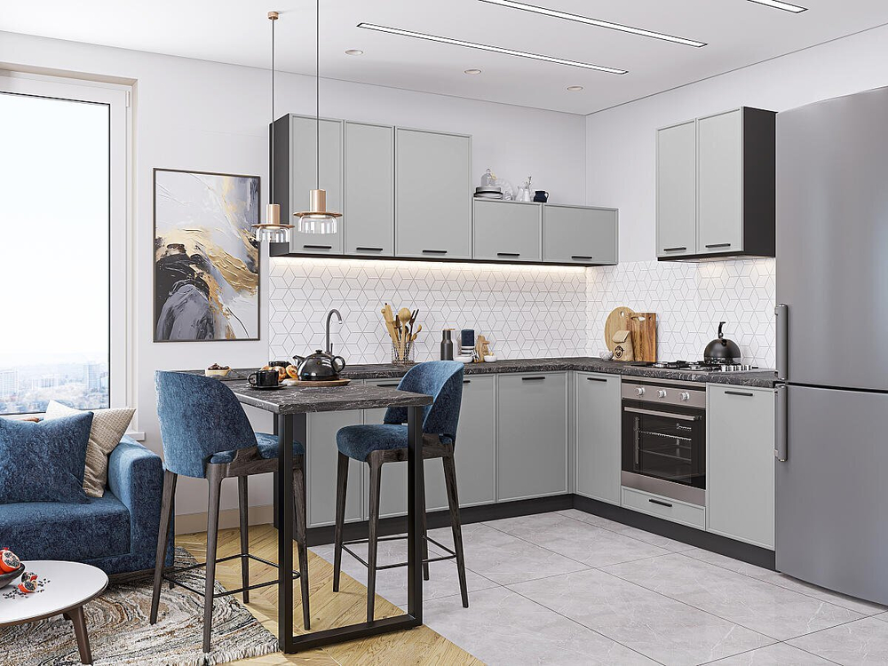 Угловая модульная кухня Фрейм-03 Grey Silk - Graphite 2140*2200/2000*600