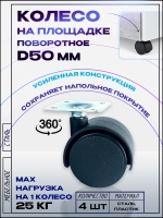 Колесо мебельное поворотное D50мм с площадкой, 4 шт