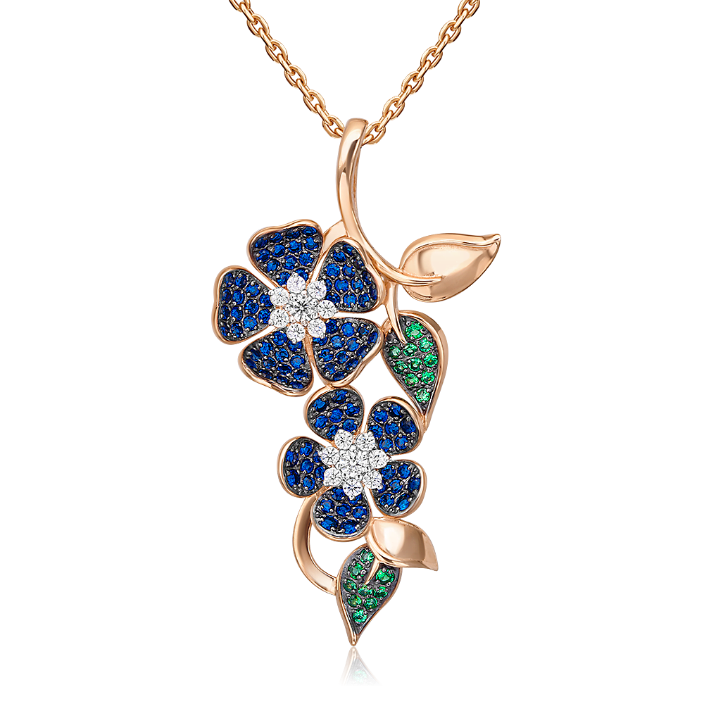 Подвеска «Синие цветы» из красного золота с фианитами