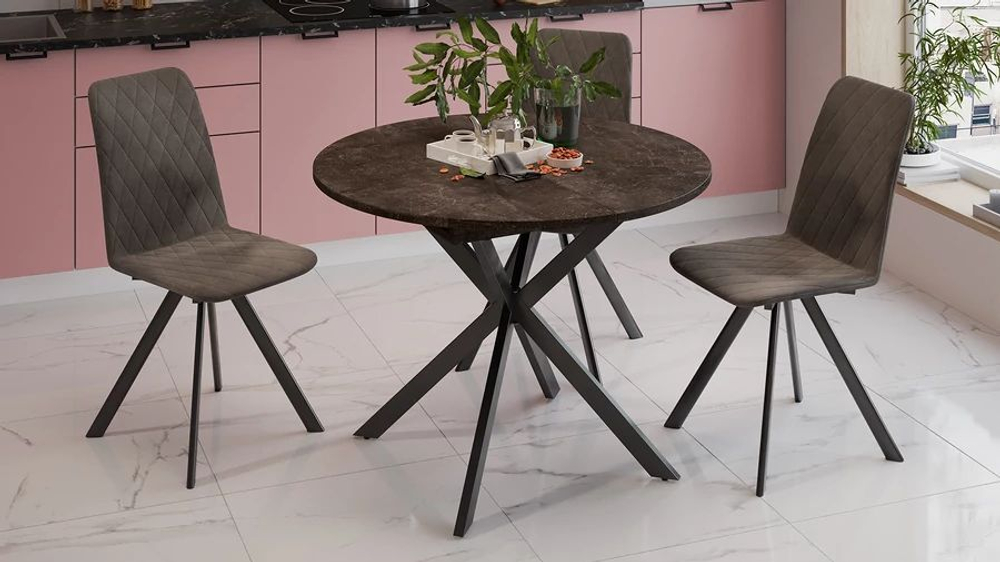 Стол кухонный обеденный круглый раздвижной Белый/Чёрный Муар, Мэдисон, 100,1х100х75 см