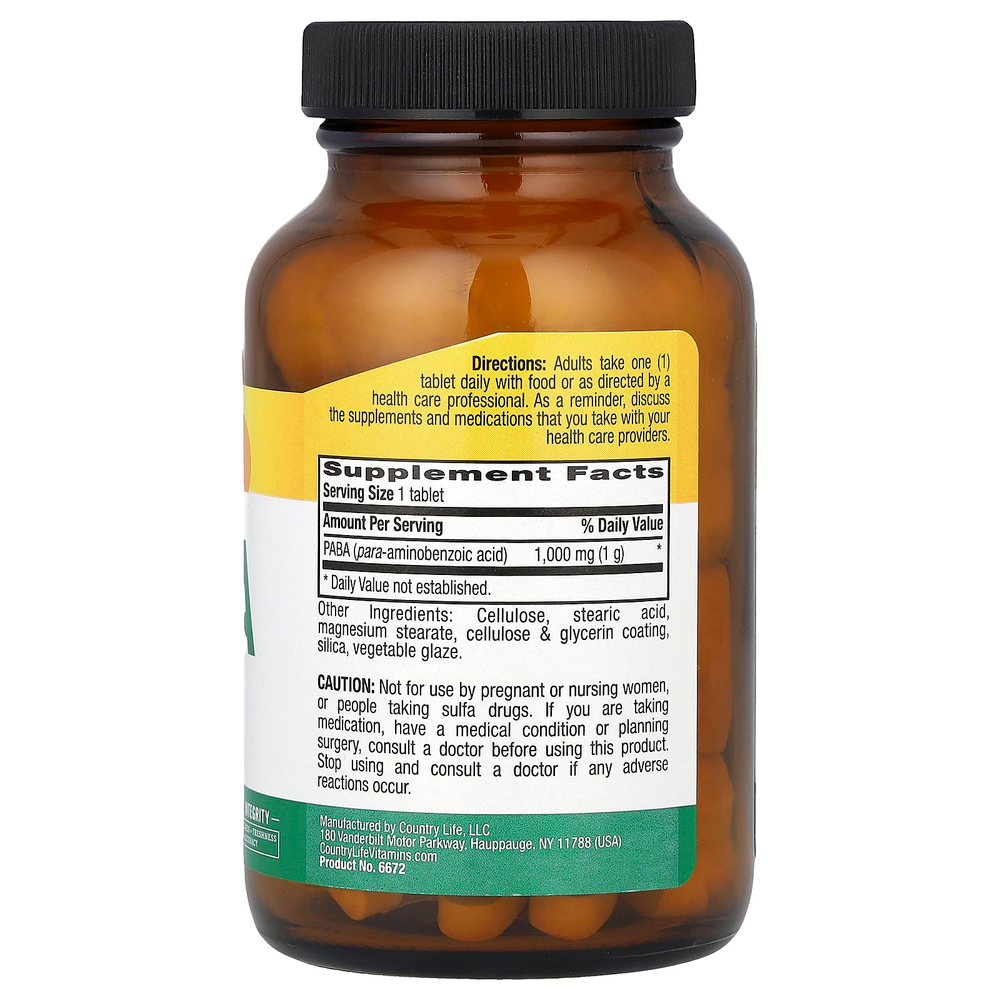 Country Life, Пара-аминобензойная кислота (ПАБК) с замедленным высвобождением, 1000 мг, 60 таблеток