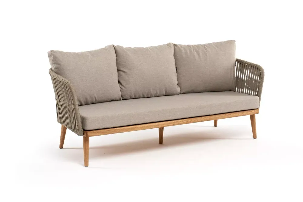 "Мальорка" диван 3-местный плетеный из роупа, основание дуб, роуп серо-коричневый 23мм, ткань бежевая 15052