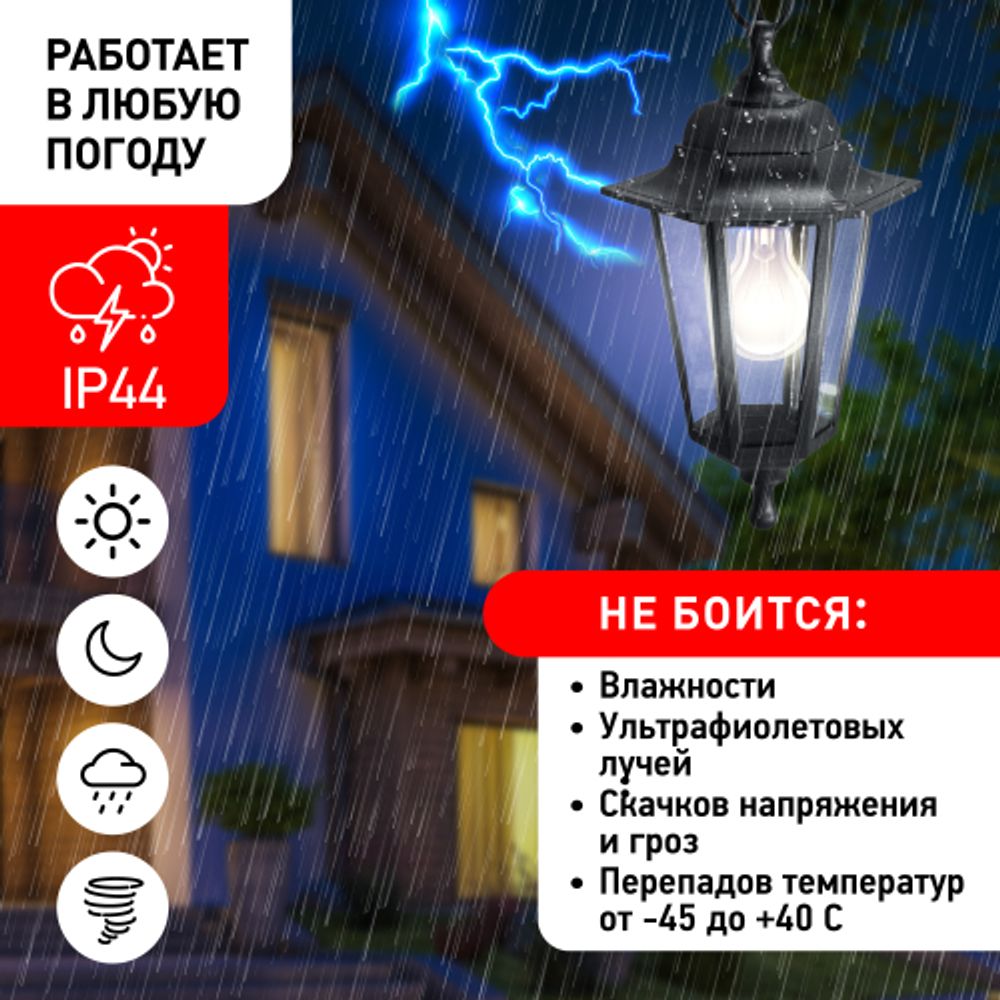 Садово-парковый светильник ЭРА НСУ 06-60-001 черный 6 гранный подвесной IP44 Е27 max60Вт | Садово-парковые светильники