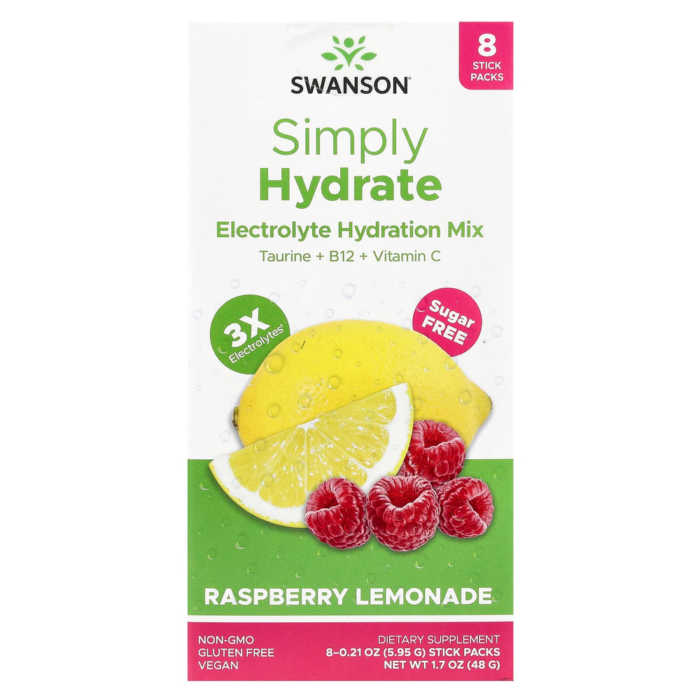 Swanson Vitamins, Simply Hydrate, смесь для гидратации электролитов, малиновый лимонад, 8 пакетиков по 5,95 г (0,21 унции)